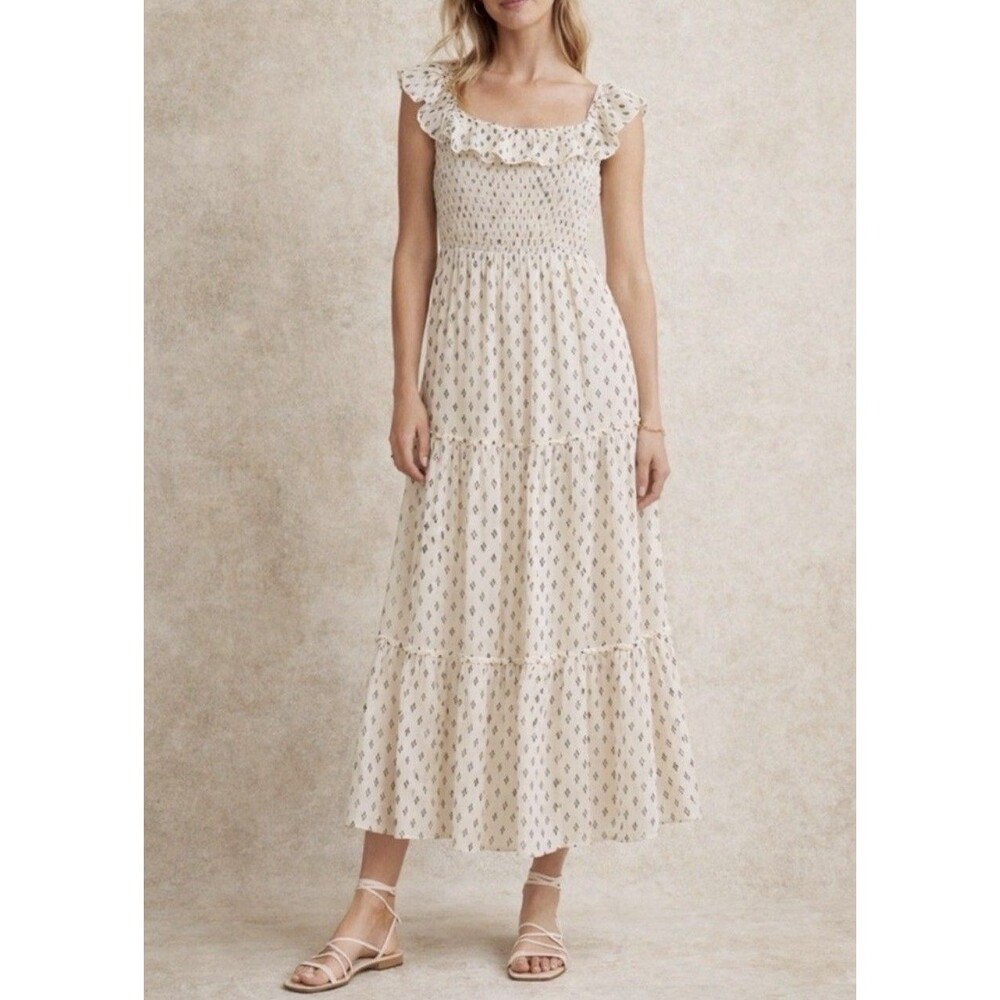 Old Navy Maxi Dress Womens M Tall Tan Fit Flare Smocked Elastic Bodice Sundress